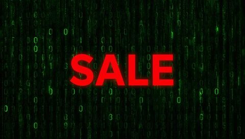 Glowing Red SALE Text Over Futuristic Cascading Binary Code Background Neon Cyber Banner