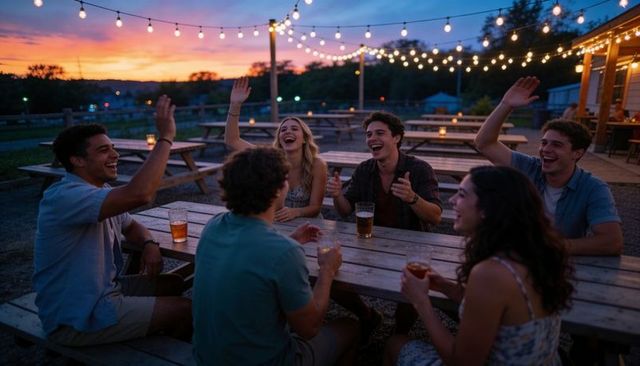 Friends laughing at outdoor beer garden during sunset with string lights and pints
