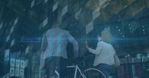 Business Professionals Engaging with Holographic Interfaces in Urban Area