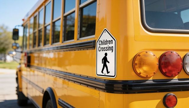 Yellow school bus rear showing children crossing sign and reflective tail lights