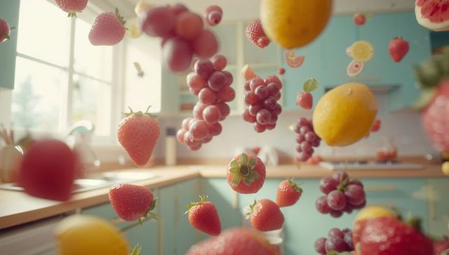 Floating fruits creating vibrant kitchen scene surrealism style