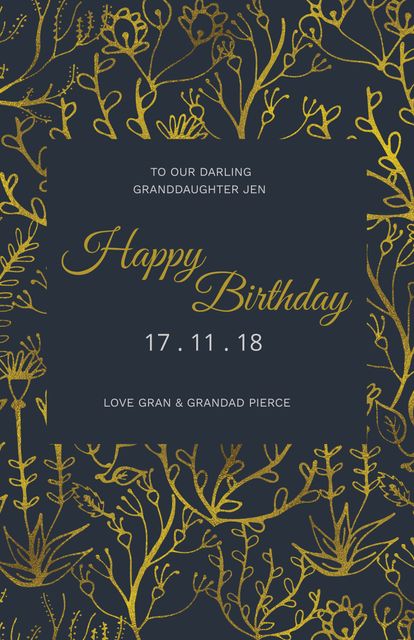 This elegant golden botanical birthday card template makes special events memorable with its sophisticated floral design. The luxurious gold foil detailing against a dark backdrop gives a refined and classic look, perfect for celebrating loved ones. Ideal for birthdays, anniversaries, and other celebratory occasions, this customizable greeting card adds a touch of elegance and sentimentality. Great for personal use or as printable stationery.