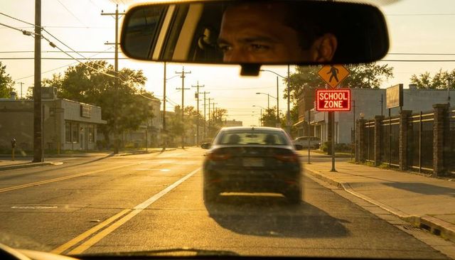 Following car at golden hour through school zone, driver reflected in rearview mirror