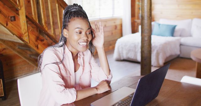 Smiling Woman Connecting on Video Call at Home - Download Free Stock Images Pikwizard.com