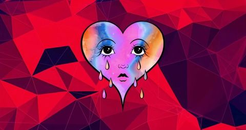 Melancholic heart-shaped face shedding pastel teardrops over red geometric polygon background