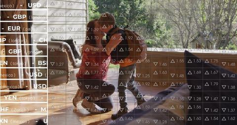 Kneeling mother embracing child with backpack at home with currency market data overlay
