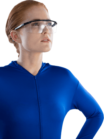 Professional Woman with Transparent Smart Glasses Looking Up Confidently