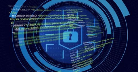 Hexagonal Shield Lock Visualizing Cybersecurity HUD with Streaming Code and Binary