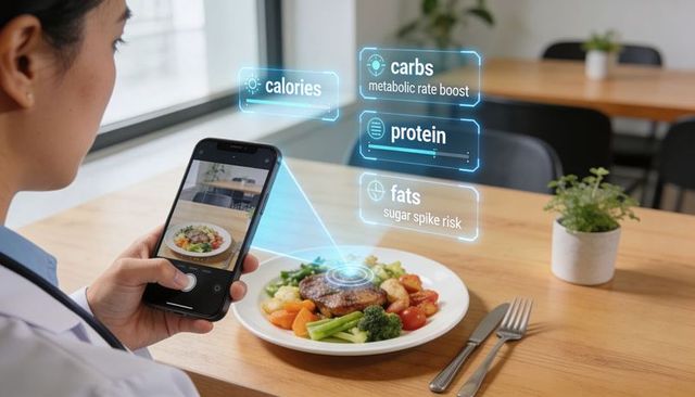 Doctor scanning meal with smartphone showing ar nutrition data and calories overlay