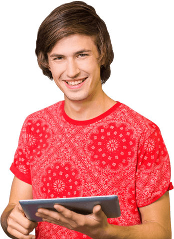 happy caucasian man holding tablet on transparent background - Download Free Stock Videos Pikwizard.com