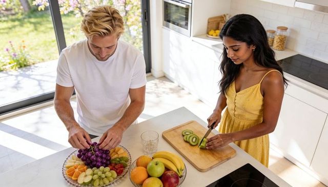 Couple preparing fresh fruit platter and slicing kiwi in bright modern kitchen interior