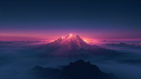 Glowing snow-capped summit catching pink dawn light over misty alpine valley panorama