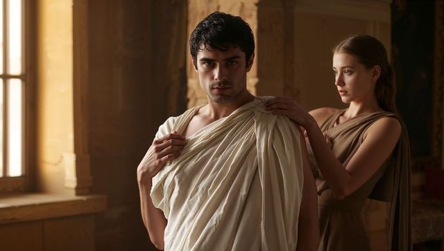 Woman adjusting toga on man in classical room, dramatic window light, period costume portrait