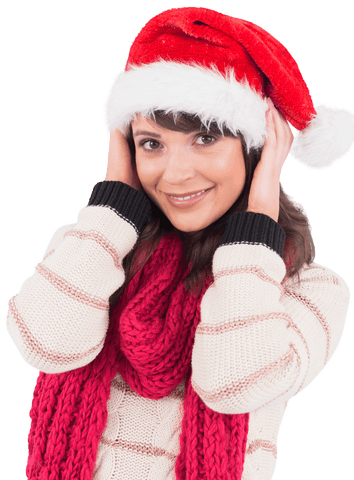 Smiling Woman in Santa Hat and Scarf Transparent Background