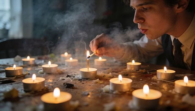 Young man lighting tealight candles on wax-strewn wooden table, moody intimate glow