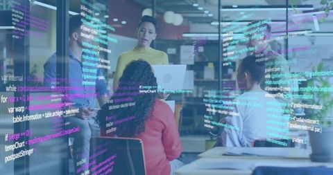 Presenting holographic code while team collaborating on product demo in office