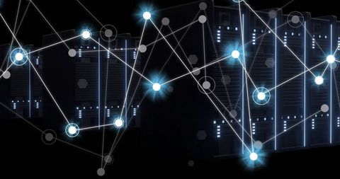 Glowing data center servers with network mesh overlay representing cloud infrastructure