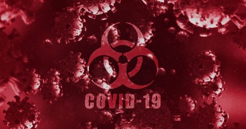 Covid-19 with Red Biohazard Sign Amid Floating Virus Cells