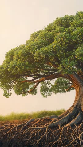 Panning Vertical Video Revealing Gnarled Tree Trunk and Root System in Meadow