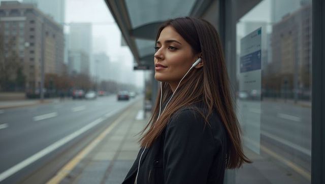 Woman with earphones waiting at urban bus stop in city center