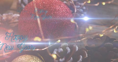 Happy New Year Text on Christmas Decorations Background