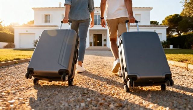 Couple walking with wheeled suitcases up gravel driveway toward villa at golden hour