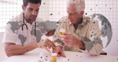 Doctor Guiding Senior Patient Through Prescription Medication Review with Pill Bottles