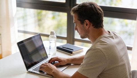 Remote developer typing on laptop at sunlit home desk with notebook and water bottle