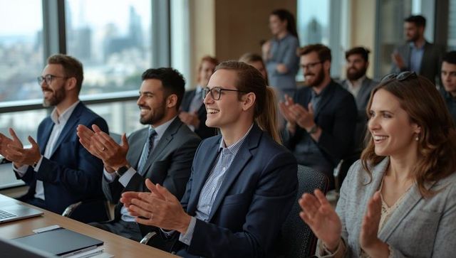 Engaged professionals applauding in modern conference room