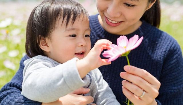 Mother cradling toddler touching pink flower in sunny meadow during spring bloom