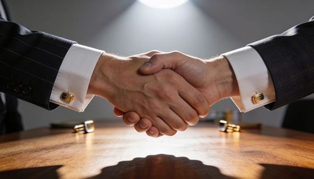 Executives shaking hands over wooden conference table showing gold cufflinks