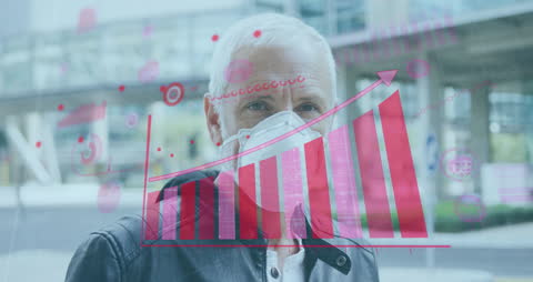 Senior Man Wearing Mask with Financial and Virus Graphics