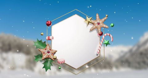 Festive Christmas Hexagonal Sign with Decorations in Snowy Winter Landscape