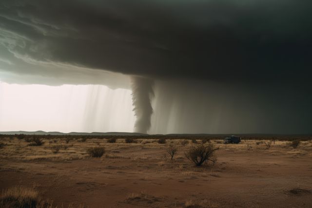 A powerful tornado is forming under dark, threatening clouds in a deserted desert area. The ground is dry, barren, and dotted with sparse vegetation while a distant vehicle can be seen. This dramatic representation of extreme weather is ideal for use in educational material about tornadoes, natural disaster preparedness guides, and climate change documentation. It can also be used in news articles, weather reports, and environmental features focusing on the force and unpredictability of nature.