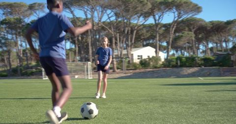 Teenagers practicing soccer on turf kicking ball near goal in sunny park