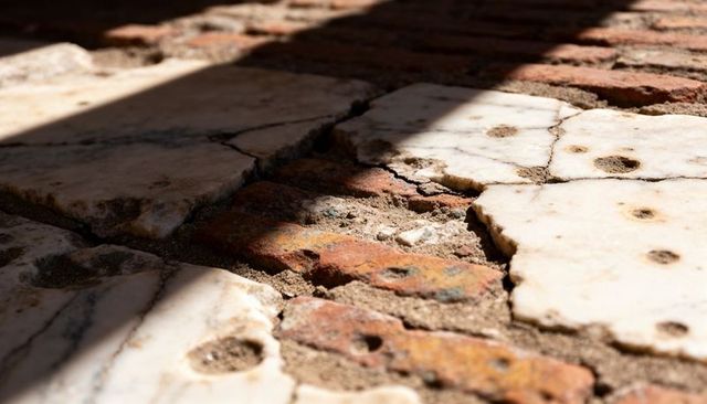 Diagonal sunlight casting shadow on cracked marble slabs and rusted brick pavers close-up