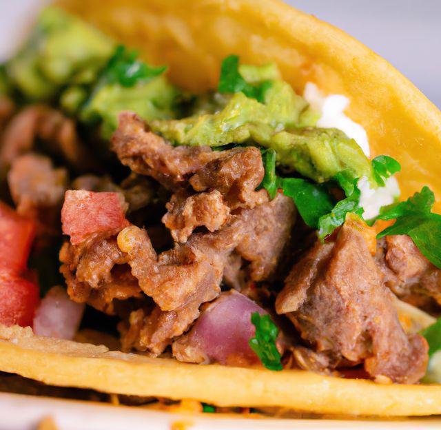 Beef taco with guacamole, diced tomatoes, onions, and fresh cilantro. Useful for food blogs, culinary websites, restaurant menus, or social media posts promoting Mexican cuisine. Highlights authentic and savory aspects of traditional Hispanic dishes.
