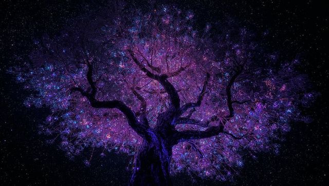 Bioluminescent purple tree under starry night sky with cyan light specks, surreal luminescence