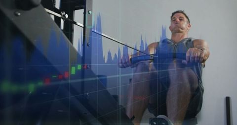 Muscular man training on rowing machine with financial chart overlay blending fitness and analytics