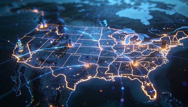 Glowing us network map connecting cities with neon arcs and illuminated state lines
