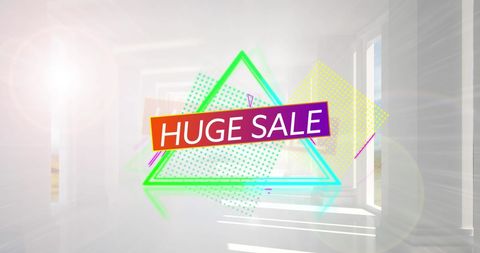 Huge Sale Advertisement with Colorful Geometric Designs in Sunlit Room