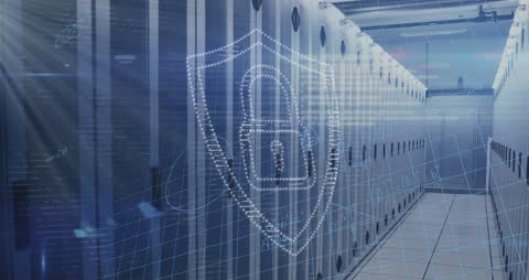 Futuristic Data Security Visualization in Server Room