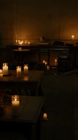 Vertical cozy candlelit room with flickering candles on rustic wood tables, ambient moody video