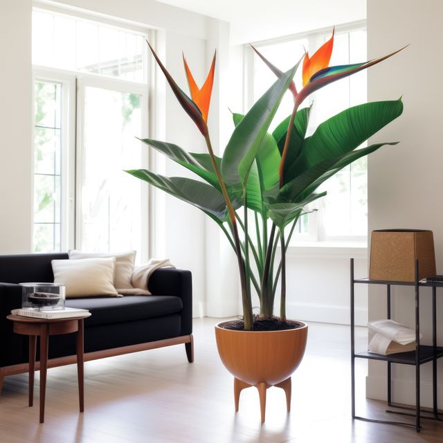 Stylish living room featuring a Bird of Paradise plant in a decorative pot, adding a tropical touch to the modern decor. The space also includes minimalistic furniture and ample natural light, creating a contemporary and elegant atmosphere. Perfect for use in home design magazines, interior decor blogs, or advertisements for home decor products and furniture.