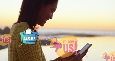 Smiling Woman Engaged with Smartphone for Social Media Interaction