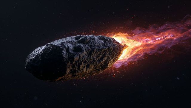 Fiery asteroid racing through deep space leaving plasma trail and embers