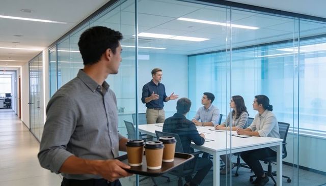 Asian man bringing coffee while watching team meeting through glass in modern office