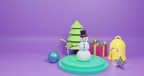 Colorful christmas decorations with snowman on purple background