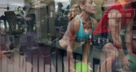 Athletes training with medicine ball overlaying financial charts and market growth