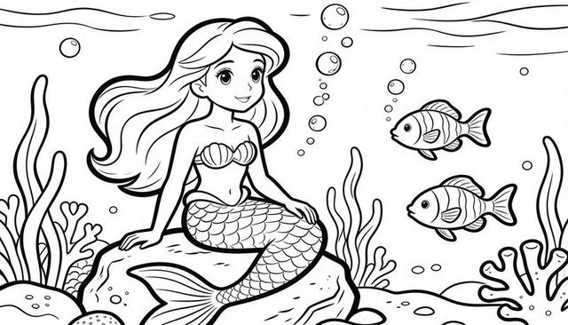 Smiling mermaid sitting on rock with scaled tail and two fish underwater coloring page